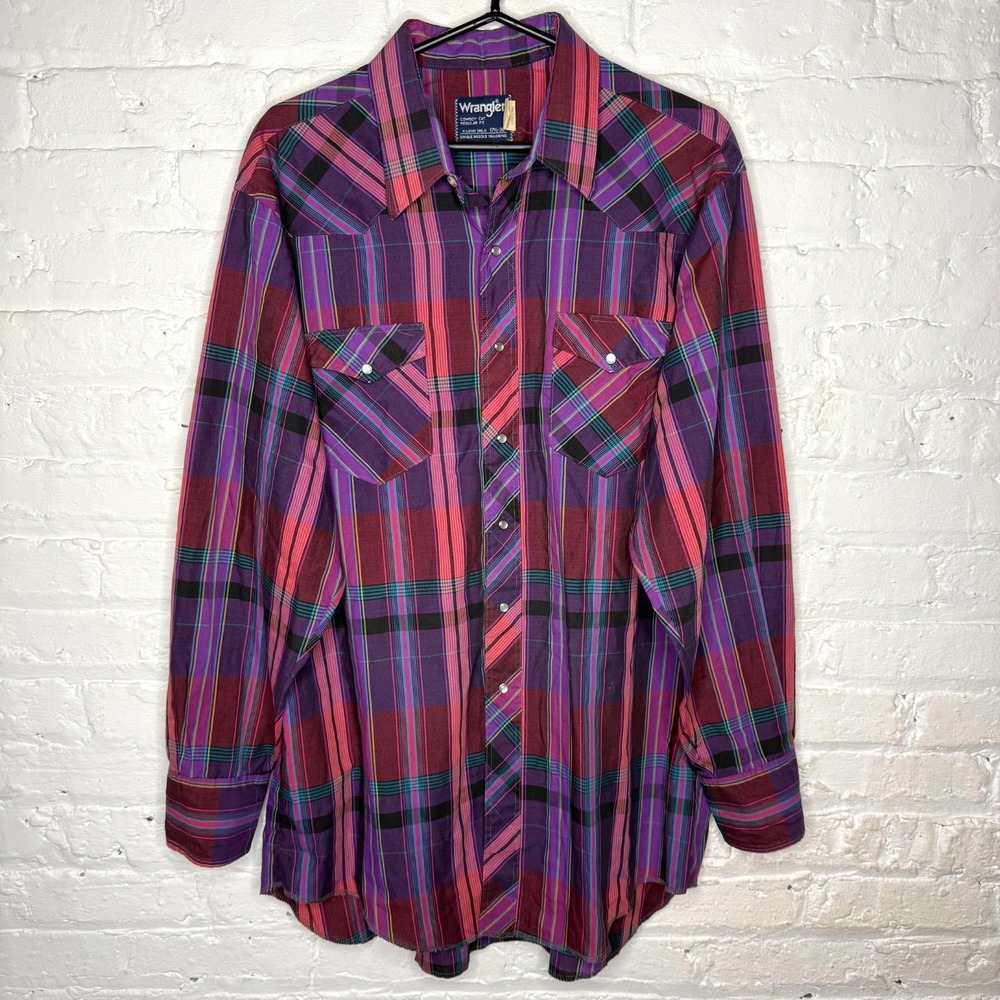 Vintage WRANGLER Cowboy Cut Shirt‎ Plaid Western 17.5-36 X-Long Tails